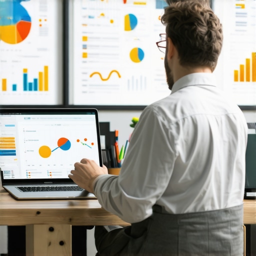Expert analyzing SEO data with charts and graphs in an office setting.