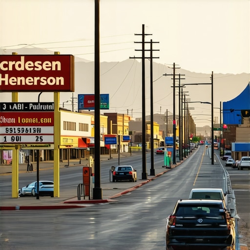 Cityscape of Henderson with local business signs and Google Maps interface