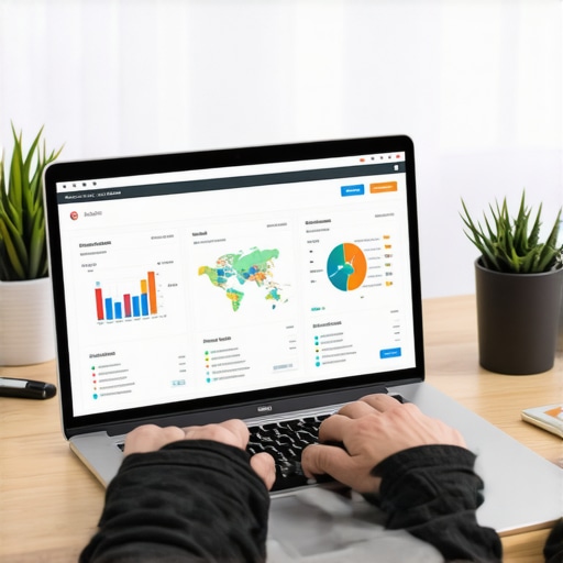 Person working on SEO analytics dashboard on laptop, showing maps and performance metrics.