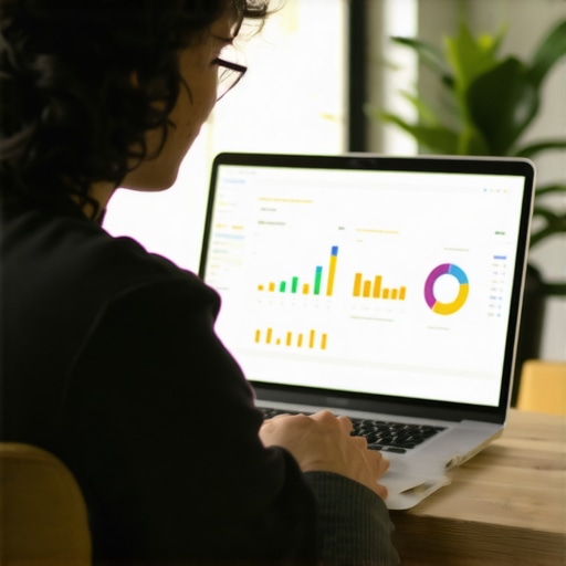 Local SEO Tools in Action Marketing professional analyzing local SEO metrics on a laptop in an office.