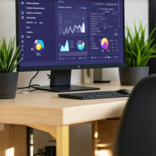 Business owner managing local SEO tools on computer for Henderson Google Maps ranking, modern office setting.