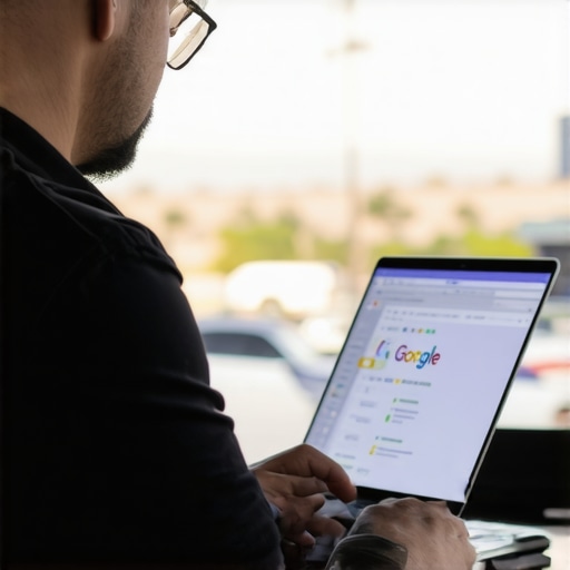 Business owner updating GMB profile on laptop with Henderson city view