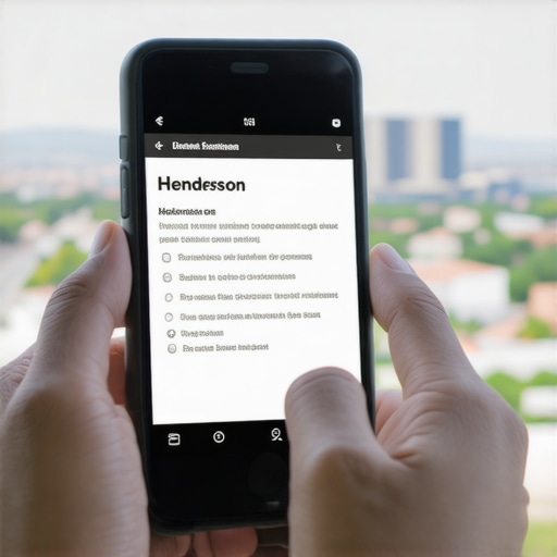 Person reviewing online customer reviews on a smartphone with Henderson cityscape in the background.