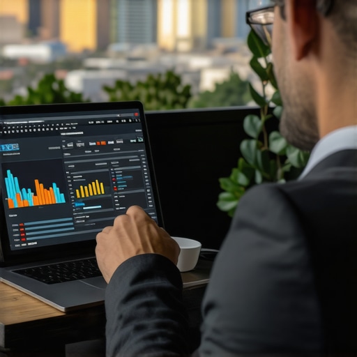 Digital Marketing Data Analysis in Henderson Person analyzing local SEO metrics on a laptop with Henderson city view
