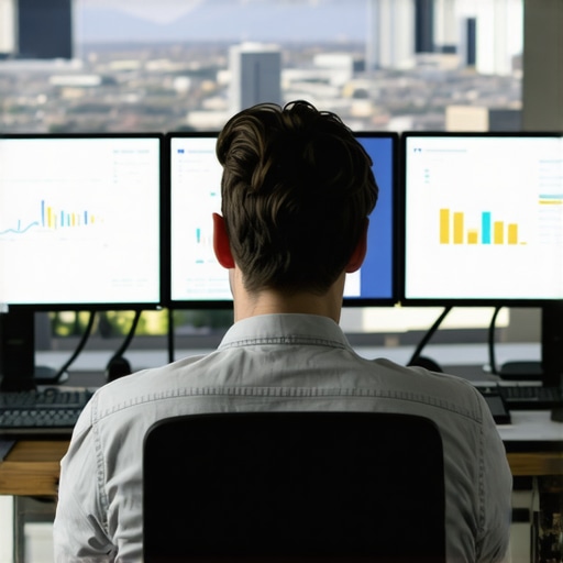 In-depth local SEO analysis in Henderson A marketer analyzing Henderson local SEO metrics on multiple screens with cityscape background.