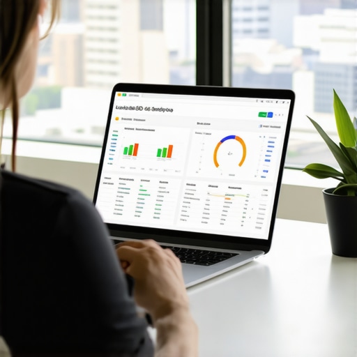 Person analyzing local SEO performance on a laptop with Henderson city view.