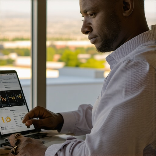 Business owner reviewing local SEO analytics on laptop with Henderson city skyline