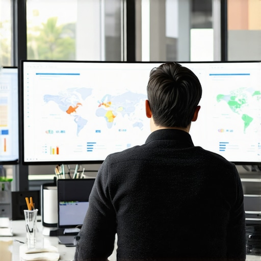 A professional analyzing Henderson local SEO data on multiple screens, showcasing maps and analytics.