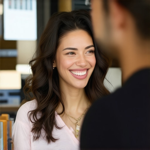 Business owner interacting with customers, positive reviews on a device screen near Henderson storefront.