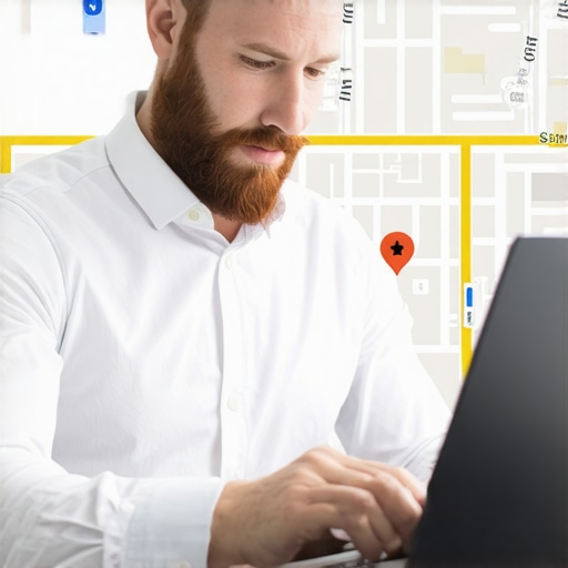 Business owner enhancing Google My Business listing with Henderson city maps in the background.