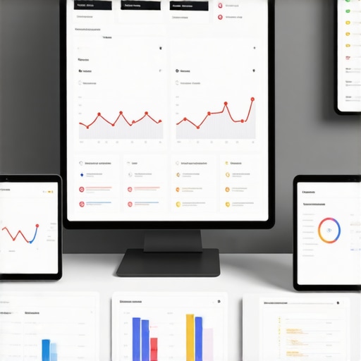 Laptop and monitors displaying local SEO analytics, maps, and review platforms.