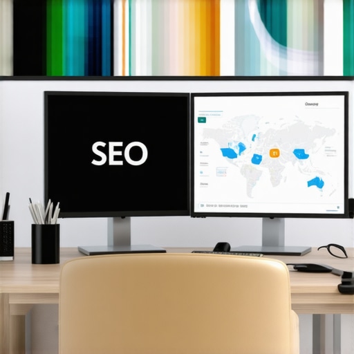 Workspace showing SEO analytics and maps on computer screens.