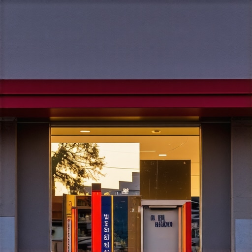 Exterior view of a Henderson shop with signage at sunset.