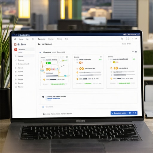 A desk setup with SEO analytics dashboard and Henderson city view